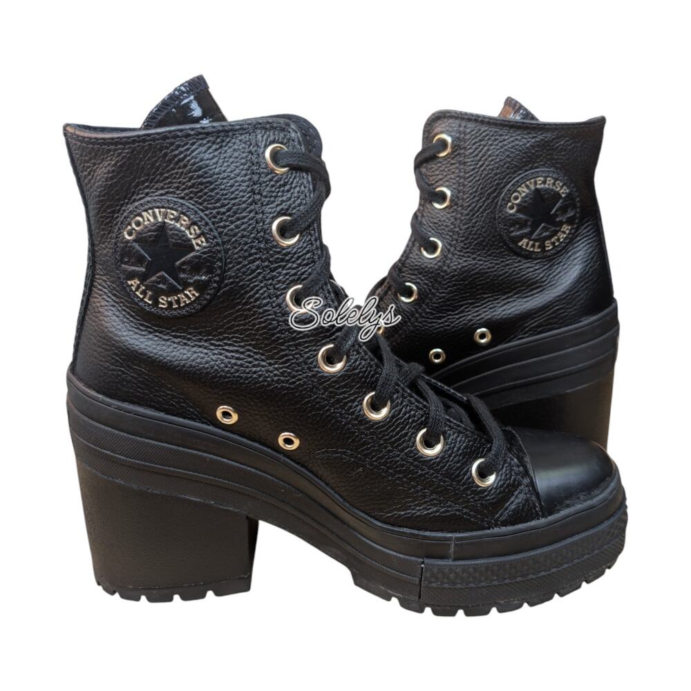 Converse Chuck 70 De Luxe Heel Black Gold Leather Platform Sneaker Boot 8 RARE
